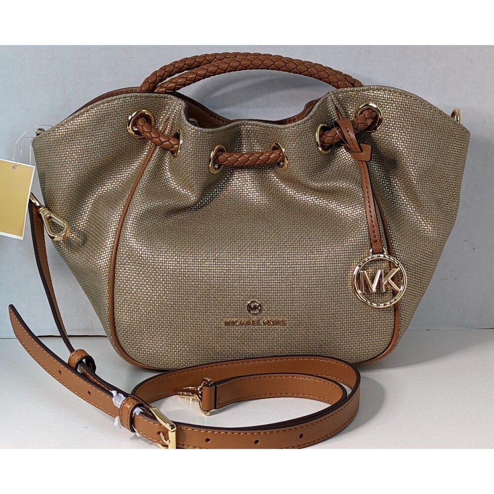 NWT Michael Kors Montauk Small Canvas Tote Bag Metallic Gold Leather Crossbody